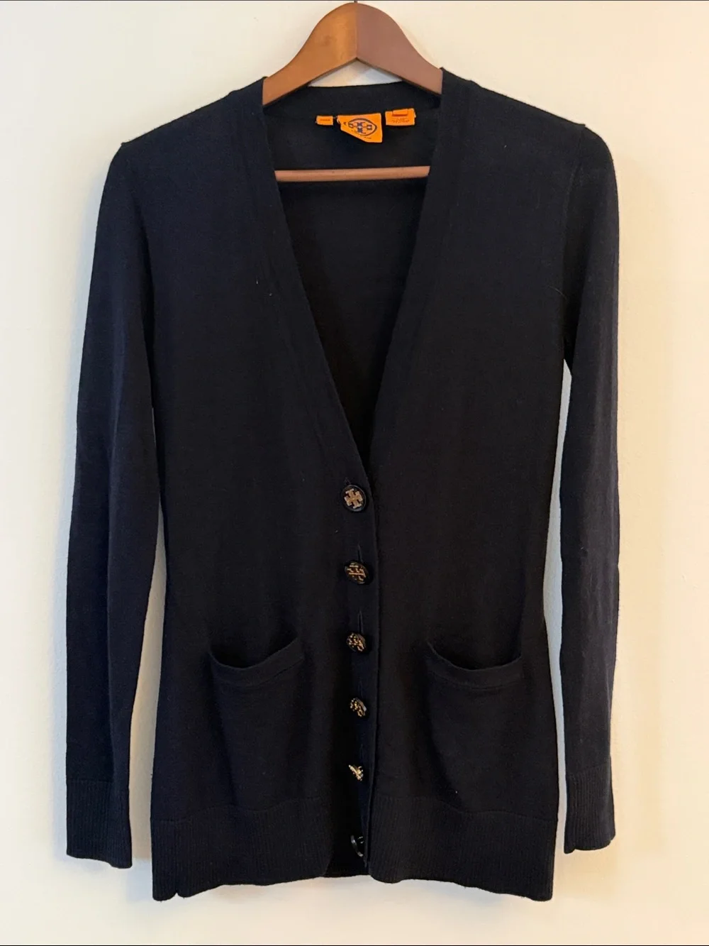Tory Burch Black V-Neck Button Front Pocket Cardigan
